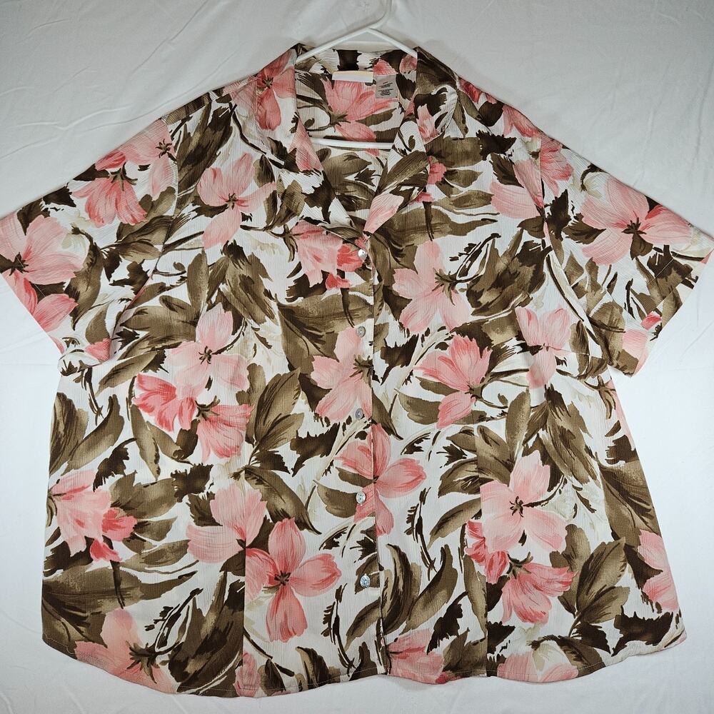 Alfred Dunner Woman 24W Pink Floral Button Front Blouse Short Sleeve Plus Size